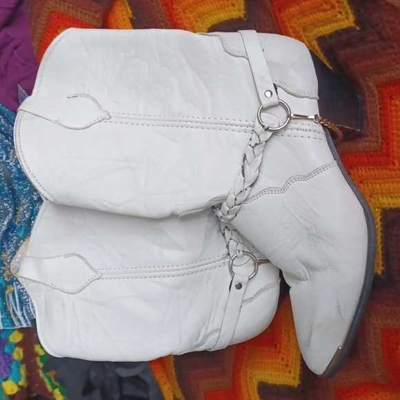Frye Shoes - Vtg Frye Leather Boots Women's Sz 9 Braided Harness Block 2" Heel Pointed White